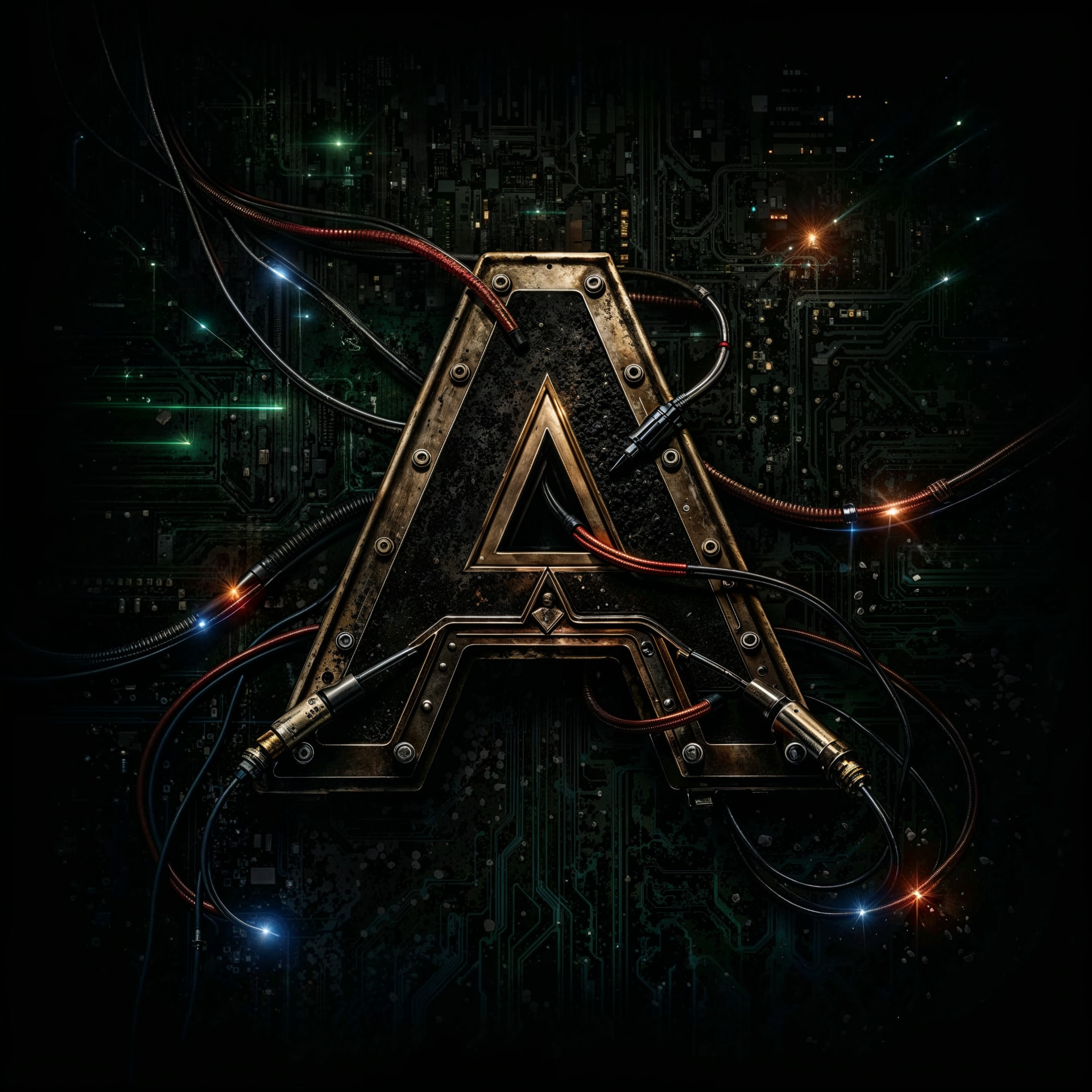 ATOMKRAFTVERK insignia: an aged bronze letter A wired into a dark circuit landscape